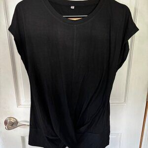 New black polyester, rayon, spandex short sleeve round neck with front twist.
